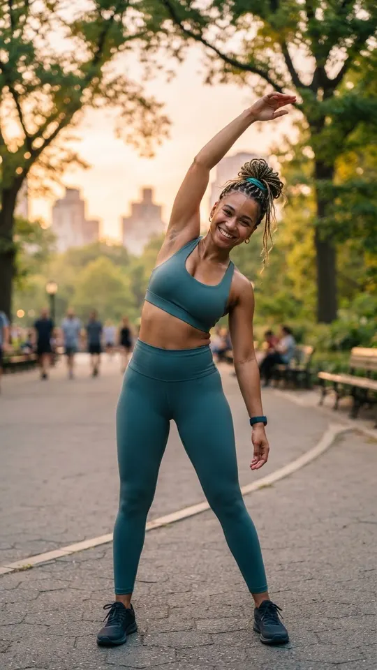 Aisha, entrenadora con ropa deportiva turquesa, estira en un parque al amanecer