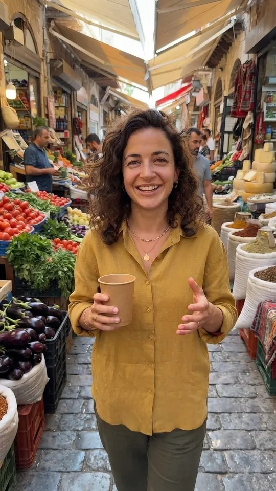 Lucía, con la misma camisa mostaza, pasea por un mercado con un café en la mano