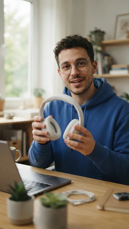 Tomás, con gafas redondas y sudadera cobalto, muestra unos auriculares blancos sin marca